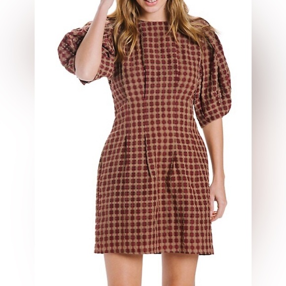 En Saison puff sleeve check polyester check brown trendy style mini dress - Picture 1 of 5